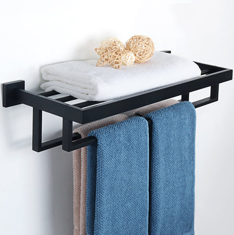 Alise Bathroom Lavatory Towel Rack Towel Shelf with 2 Towel Bars Wall Mount Towels Storage Holder 24-Inch SUS 304 Stainless Steel Matte Black Finish,GOY8002-B