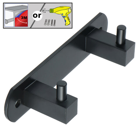 Alise Self-Adhesive or Wall Drilling Bathroom Towel Hook Towel Robe Coat Rail/Rack with 2 Hooks Wall Mount Clothes Hooks,SUS304 Stainless Steel Matte Black Finish, GP002-B