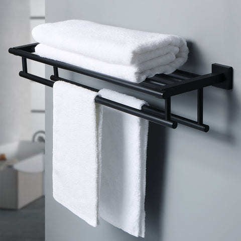 Alise Bathroom Lavatory Towel Rack Towel Shelf with Two Towel Bars Wall Mount Holder,24-Inch SUS 304 Stainless Steel Matte Black,GZ8000-B